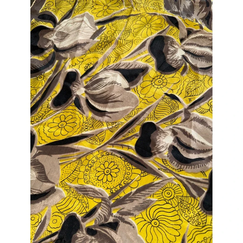 Vintage Floral Iris Square Scarf Yellow Brown Black Botanical Print Satin Wrap